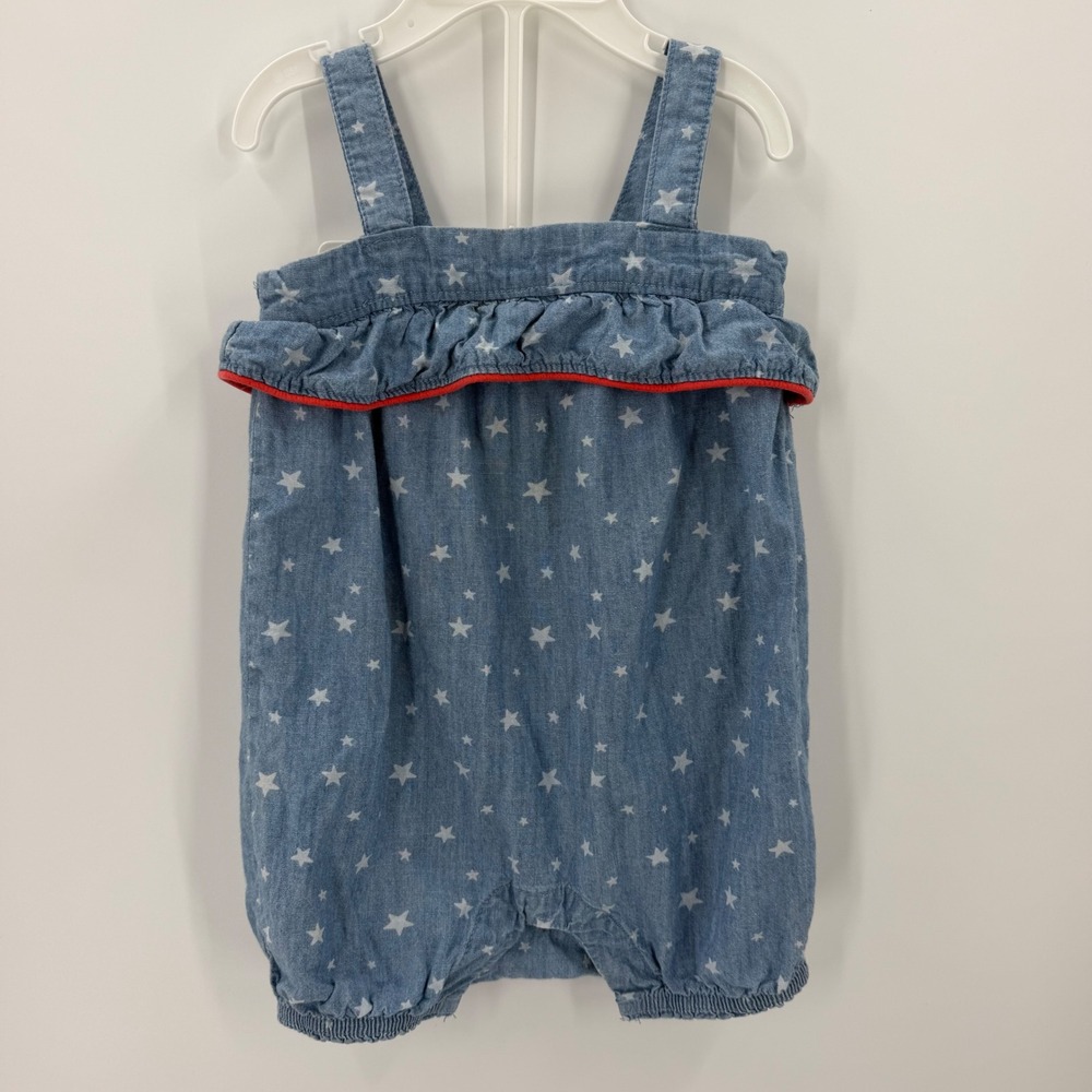 Way To Celebrate Patriotic Star Print Denim Romper‎ 12M Blue Ruffle Sleeveless